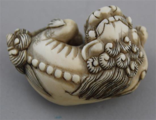 A Japanese ivory netsuke of a shi-shi, signed Ichimin, early Meiji period, 4.6cm